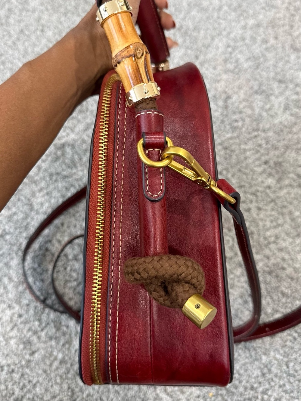 Red Genuine Leather Retro Top Handle Structured Crossbody Stachel Bag Zip Close - Picture 7 of 16